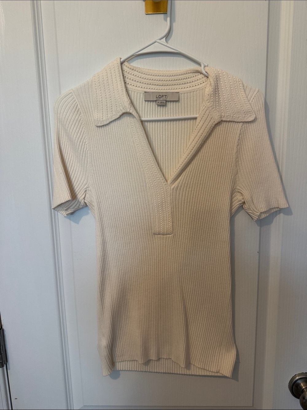 LOFT Too - Cream Ribbed Polo V-Neck Short Sleeve Top